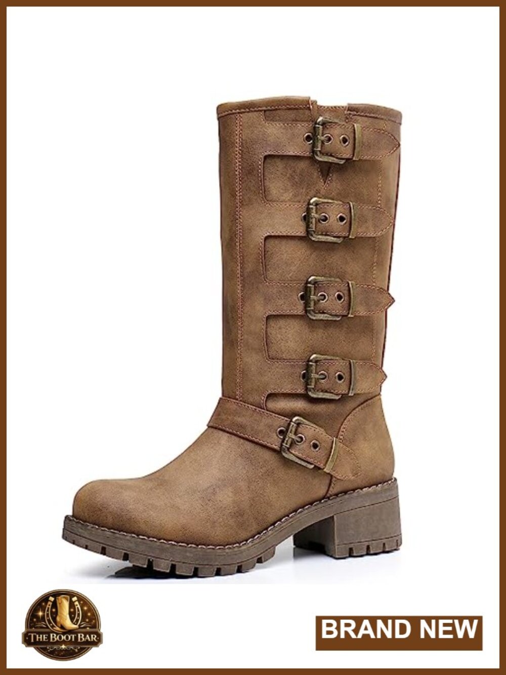 Womens Mid Calf Combat Boots Low Heel Faux Leather Buckle Moto